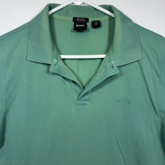 BOSS Hugo Boss Mens Pima Cotton Regular Fit Green Polo Shirt Distressed Sz Large - Picture 1 of 10